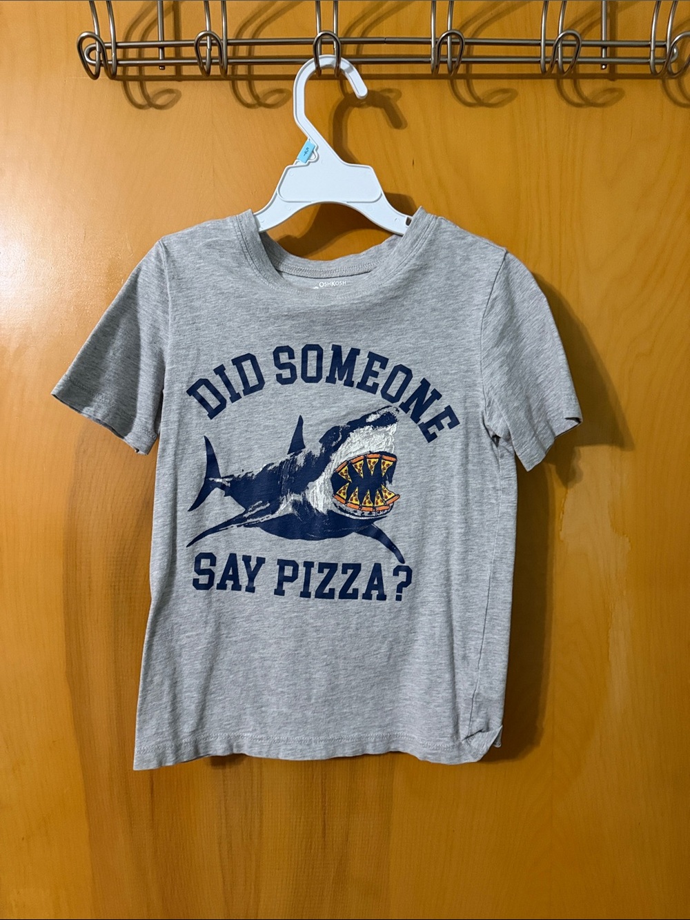 Carter's Gray Tee with Navy Shark and Yellow Pizza Teeth Graphic